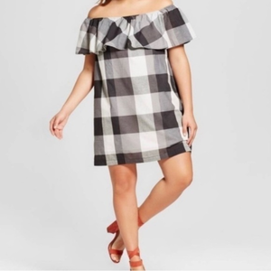 Who What Wear Black Checked Off‎ Shoulder Dress S